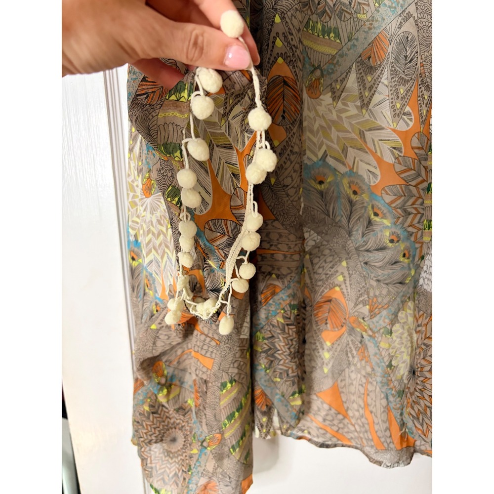 Umgee USA Boho Peacock Print Pom Pom Trim Kimono Cardigan Orange Tan M/L A9147 - Picture 2 of 5